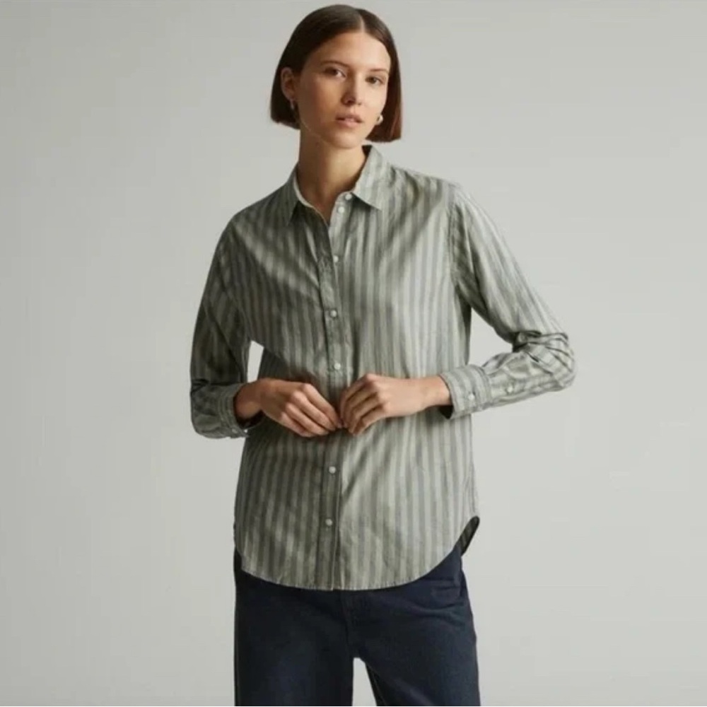 NWT Everlane Silky Cotton Button Down Sage Green Stripe